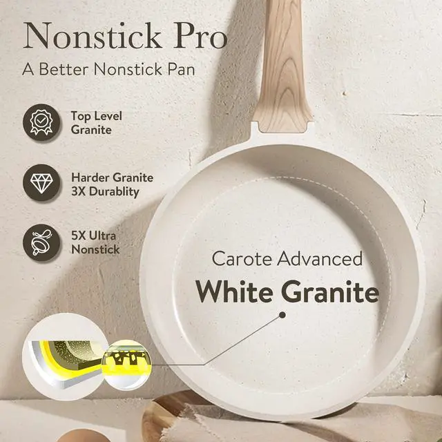Alt view image 3 of 6 - CAROTE White Nonstick Frying Pan Skillet,10" Non Stick Granite Fry Pan with Glass Lid, Egg Pan Omelet Pans, Stone Cookware Chef's Pan, PFOA Free (White Granite, 10-Inch)