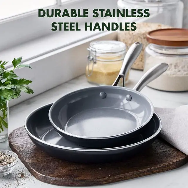Alt view image 7 of 7 - GreenPan Swift Healthy Ceramic Nonstick, 8" and 10" Frying Pan Skillet Set, Stainless Steel Handles, PFAS-Free, Dishwasher Safe, Oven Safe, Black