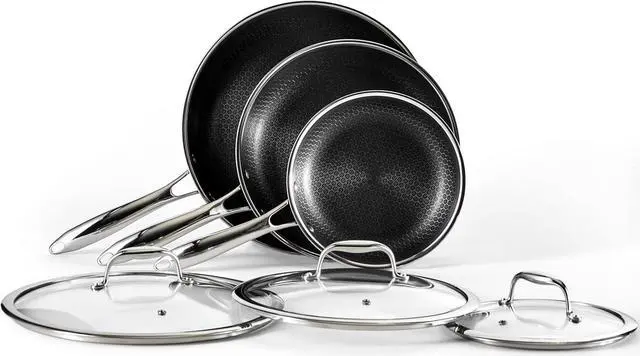 Alt view image 2 of 6 - HexClad Hybrid Nonstick 6-Piece Fry Pan Set, 8, 10 and 12-Inch Frying Pans with Tempered Glass Lids, Stay-Cool Handles, Dishwasher and Oven Safe, Induction Ready, Compatible with All Cooktops