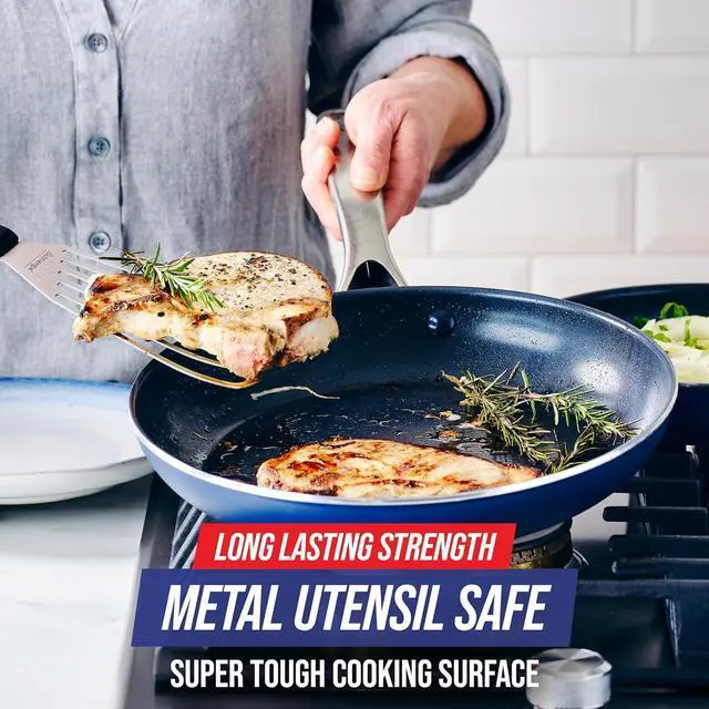 Alt view image 5 of 7 - Blue Diamond Cookware 12" Frying Pan Skillet, Diamond Infused Healthy Ceramic Nonstick, PFAS and PFOA-Free, Dishwasher Safe, Oven Safe, Even Heating, Metal Utensil Safe, Warp Control, Blue