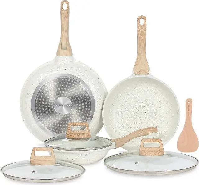Main image of ESLITE LIFE Nonstick Ceramic Frying Pans Skillets Set with Lids, Non-Toxic Egg Omelette Kitchen Cooking Pans Compatible with All Stovetops (Gas, Electric & Induction), PTFE & PFOA Free (White)
