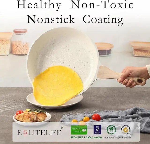 Alt view image 3 of 7 - ESLITE LIFE Nonstick Ceramic Frying Pans Skillets Set with Lids, Non-Toxic Egg Omelette Kitchen Cooking Pans Compatible with All Stovetops (Gas, Electric & Induction), PTFE & PFOA Free (White)