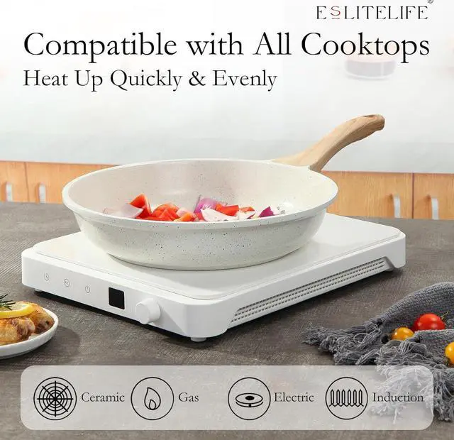 Alt view image 4 of 7 - ESLITE LIFE Nonstick Ceramic Frying Pans Skillets Set with Lids, Non-Toxic Egg Omelette Kitchen Cooking Pans Compatible with All Stovetops (Gas, Electric & Induction), PTFE & PFOA Free (White)