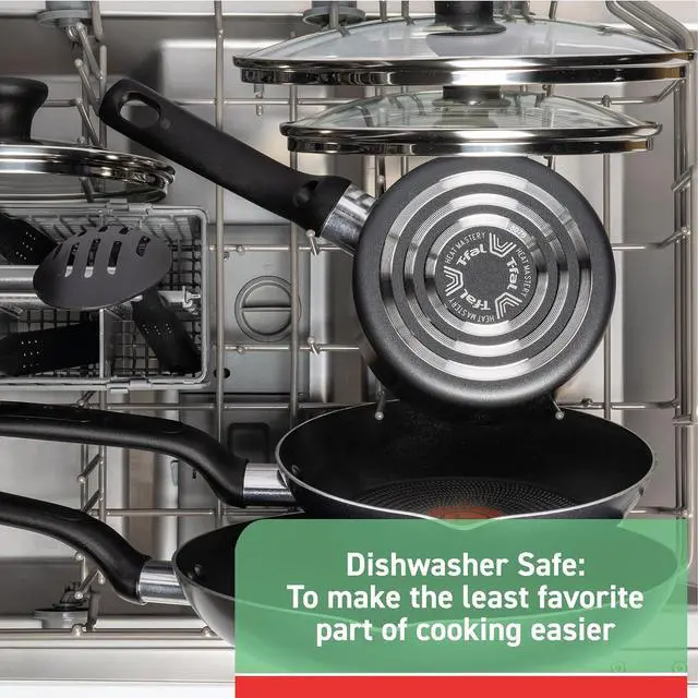 Alt view image 7 of 7 - T-fal Initiatives Nonstick Cookware Set 18 Piece, Oven Broiler Safe 350F, Kitchen Cooking Set w/Fry Pans, Saucepans, Saute Pan, Dutch Oven, Griddle, Pots and Pans, Home, Dishwasher Safe, Red