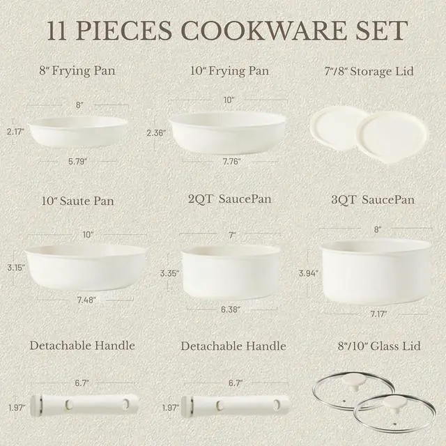 Alt view image 2 of 7 - CAROTE Pots and Pans Set Non Stick, Cookware Sets, 11pcs Kitchen Set, Oven/Fridge Safe, Space Saving Pots Set, Nonstick Cooking Set with Versatile Detachable Handle, Induction RV Set, Cream White