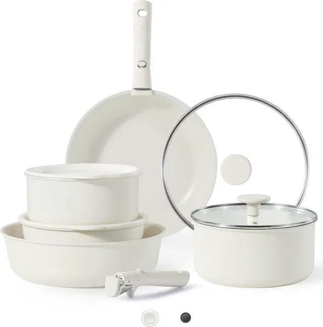Main image of CAROTE Pots and Pans Set Non Stick, Cookware Sets, 11pcs Kitchen Set, Oven/Fridge Safe, Space Saving Pots Set, Nonstick Cooking Set with Versatile Detachable Handle, Induction RV Set, Cream White