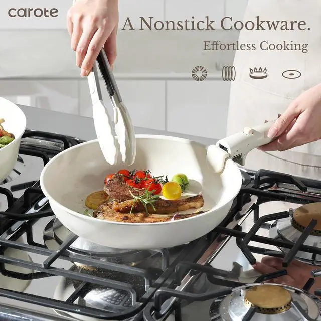 Alt view image 3 of 7 - CAROTE Pots and Pans Set Non Stick, Cookware Sets, 11pcs Kitchen Set, Oven/Fridge Safe, Space Saving Pots Set, Nonstick Cooking Set with Versatile Detachable Handle, Induction RV Set, Cream White