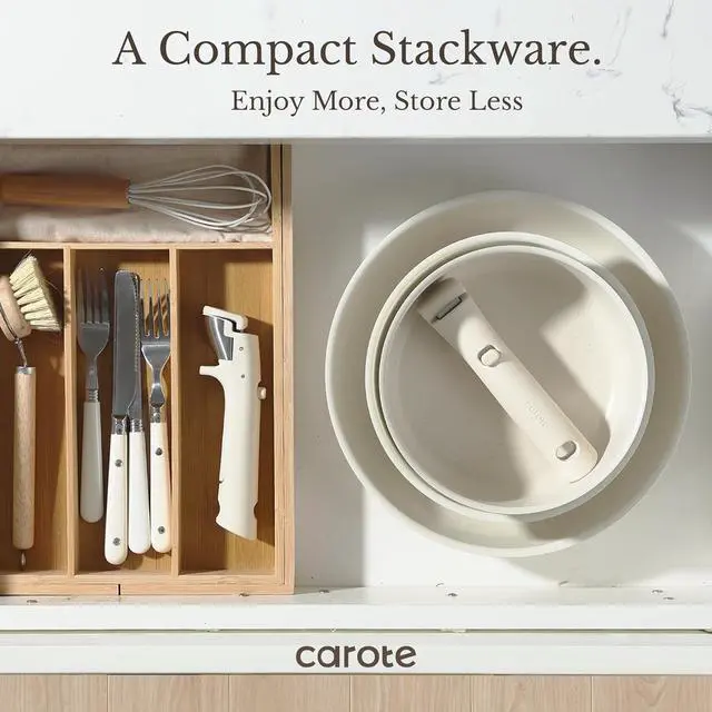 Alt view image 6 of 7 - CAROTE Pots and Pans Set Non Stick, Cookware Sets, 11pcs Kitchen Set, Oven/Fridge Safe, Space Saving Pots Set, Nonstick Cooking Set with Versatile Detachable Handle, Induction RV Set, Cream White