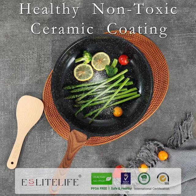 Alt view image 3 of 7 - ESLITE LIFE Nonstick Ceramic Frying Pans Skillets Set with Lids, Non-Toxic Egg Omelette Kitchen Cooking Pans Compatible with All Stovetops (Gas, Electric & Induction), PTFE & PFOA Free (Black)