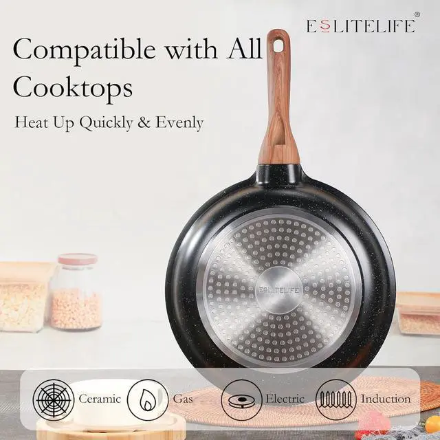 Alt view image 4 of 7 - ESLITE LIFE Nonstick Ceramic Frying Pans Skillets Set, Non-Toxic Egg Omelette Kitchen Cooking Pans Compatible with All Stovetops (Gas, Electric & Induction), PTFE & PFOA Free (Black)