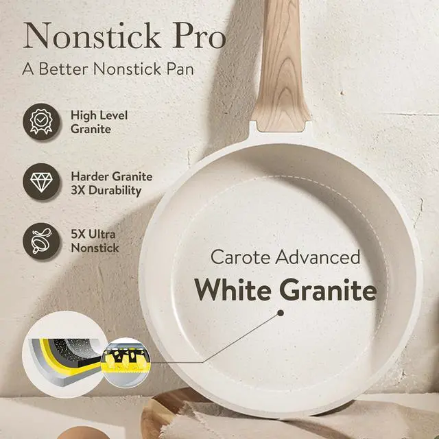 Alt view image 3 of 6 - CAROTE 21Pcs Pots and Pans Set, Nonstick Cookware Sets, White Granite Induction Cookware Non Stick Cooking Set w/Frying Pans & Saucepans(PFOS, PFOA Free)