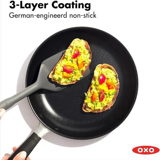 Alt view image 3 of 6 - OXO Good Grips 12" Frying Pan Skillet, 3-Layered German Engineered Nonstick Coating, Stainless Steel Handle with Nonslip Silicone, Black