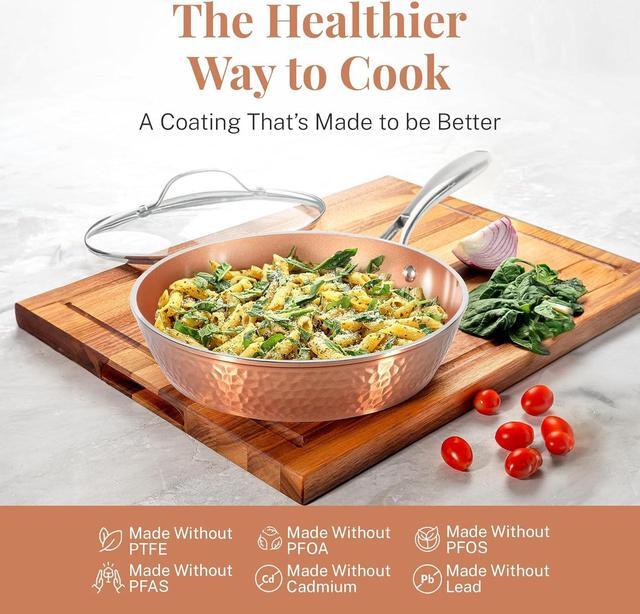 Alt view image 2 of 5 - GOTHAM STEEL Hammered Copper 12 Inch Non Stick Frying Pans with Lid, Frying Pans Nonstick with Lid, Non Toxic Ceramic Pan for Cooking, Nonstick Frying Pan, Induction Pan, Oven and Dishwasher Safe