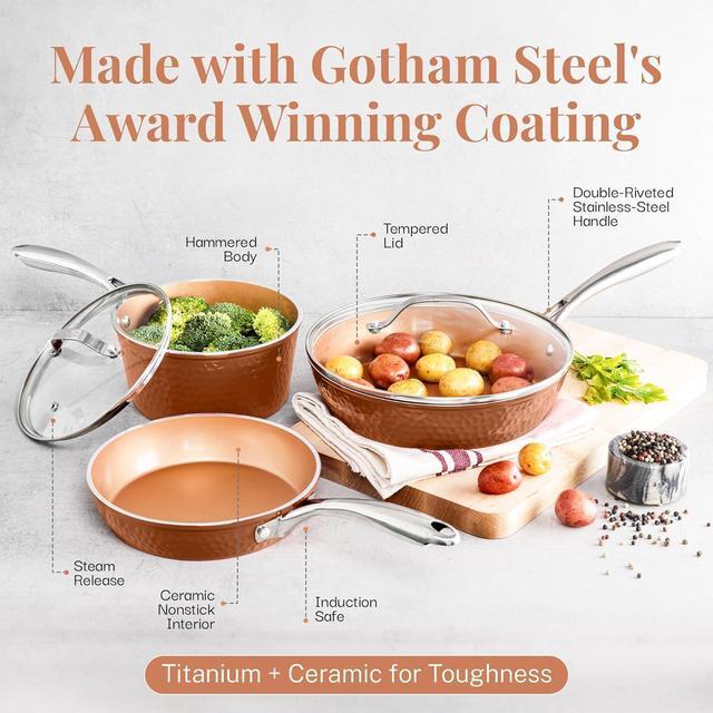 Alt view image 5 of 5 - GOTHAM STEEL Hammered Copper 12 Inch Non Stick Frying Pans with Lid, Frying Pans Nonstick with Lid, Non Toxic Ceramic Pan for Cooking, Nonstick Frying Pan, Induction Pan, Oven and Dishwasher Safe