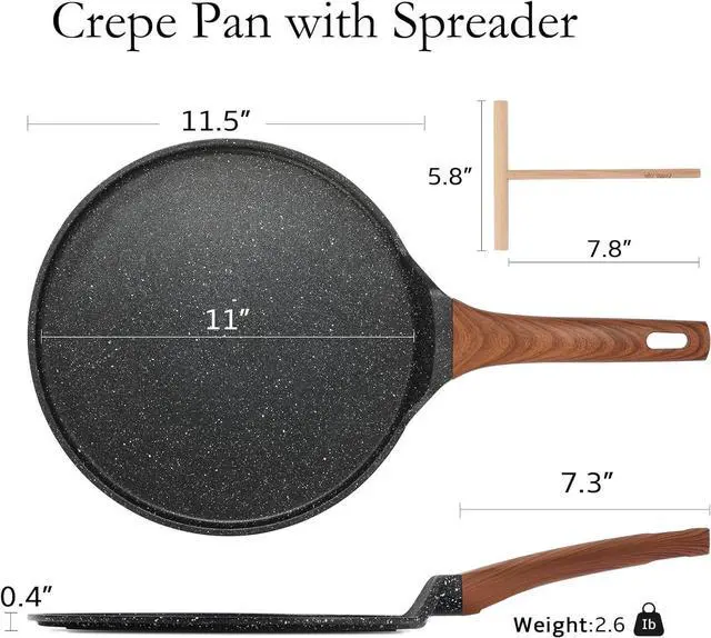 Alt view image 2 of 7 - ESLITE LIFE 11 Inch Crepe Pan with Spreader, Nonstick Ceramic Flat Skillet Dosa Tawa Comales Para Tortillas Pancake Pan, PTFE & PFOA Free, Black
