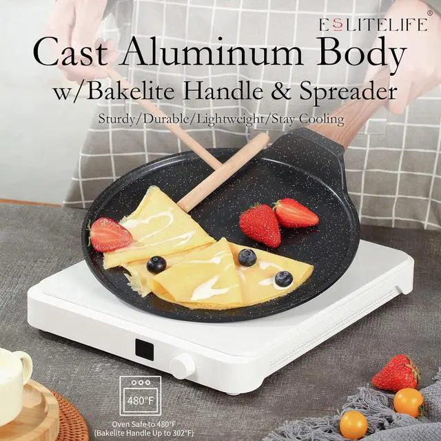 Alt view image 4 of 7 - ESLITE LIFE 11 Inch Crepe Pan with Spreader, Nonstick Ceramic Flat Skillet Dosa Tawa Comales Para Tortillas Pancake Pan, PTFE & PFOA Free, Black