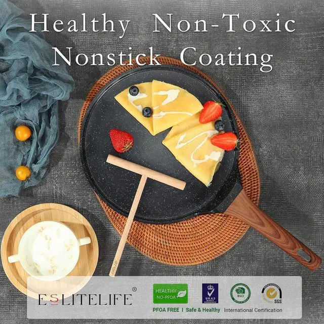 Alt view image 5 of 7 - ESLITE LIFE 11 Inch Crepe Pan with Spreader, Nonstick Ceramic Flat Skillet Dosa Tawa Comales Para Tortillas Pancake Pan, PTFE & PFOA Free, Black