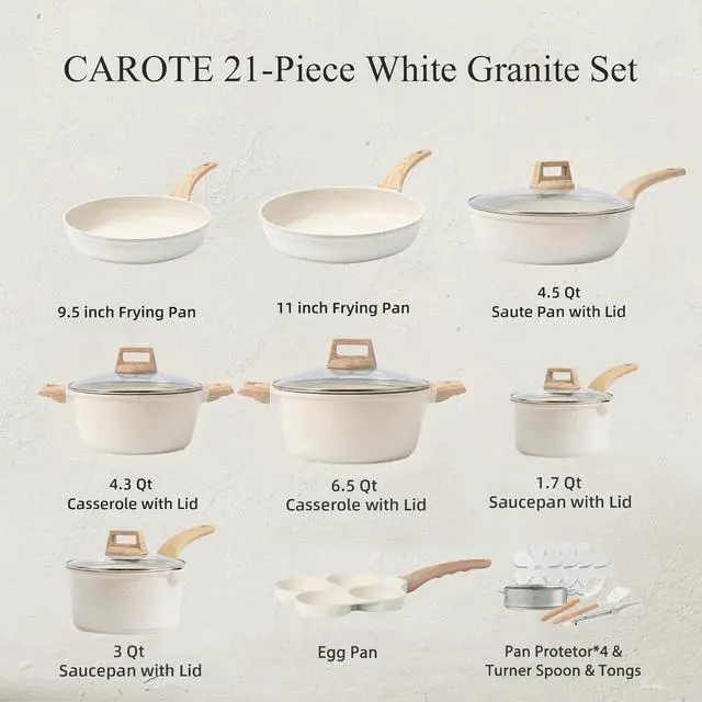 Alt view image 2 of 6 - CAROTE 21Pcs Pots and Pans Set, Nonstick Cookware Sets, White Granite Induction Cookware Non Stick Cooking Set w/Frying Pans & Saucepans(PFOS, PFOA Free)