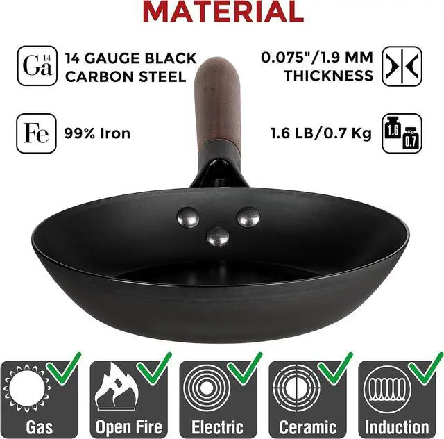 Alt view image 3 of 7 - Coating-Free Carbon Steel Pan - Durable 7.9 Inch Frying Pan - Pans for Cooking Healthy and Delicious Meals - Carbon Steel Pan with Removable Heat-Resistant Wooden Handle - Easy to Clean Fry Pan