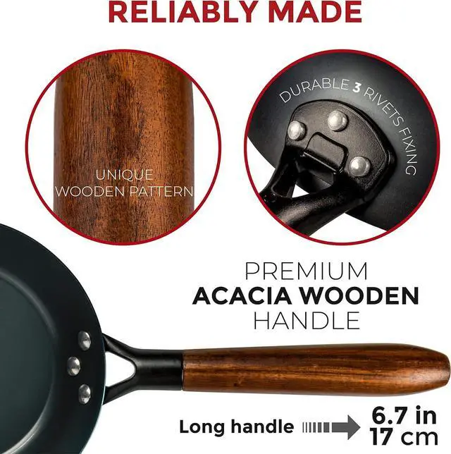 Alt view image 5 of 7 - Coating-Free Carbon Steel Pan - Durable 7.9 Inch Frying Pan - Pans for Cooking Healthy and Delicious Meals - Carbon Steel Pan with Removable Heat-Resistant Wooden Handle - Easy to Clean Fry Pan