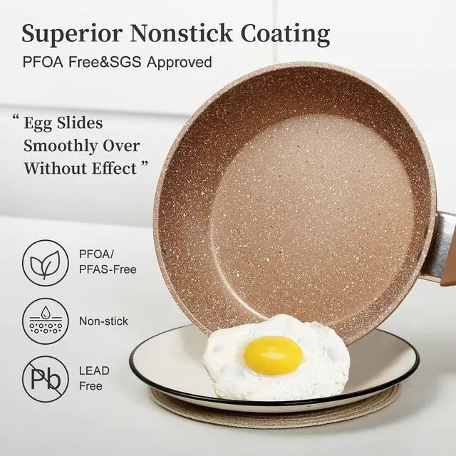 Alt view image 3 of 7 - Frying Pan Set with Lids - Nonstick Frying Pan Set 3 Pcs, Non Stick Granite Cookware Set, Induction Skillet Set Egg Omelette Frying Pan W/Lid, Healthy No Toxic Cookware, Pan Set for Cooking, PFOA Free