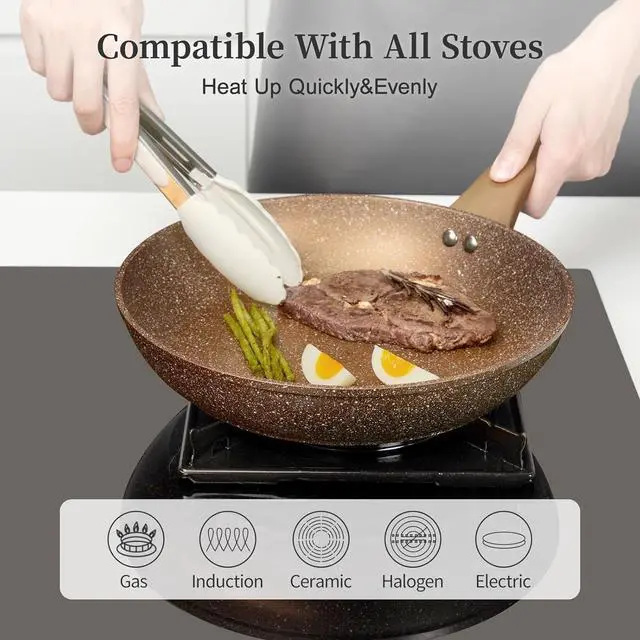 Alt view image 4 of 7 - Frying Pan Set with Lids - Nonstick Frying Pan Set 3 Pcs, Non Stick Granite Cookware Set, Induction Skillet Set Egg Omelette Frying Pan W/Lid, Healthy No Toxic Cookware, Pan Set for Cooking, PFOA Free