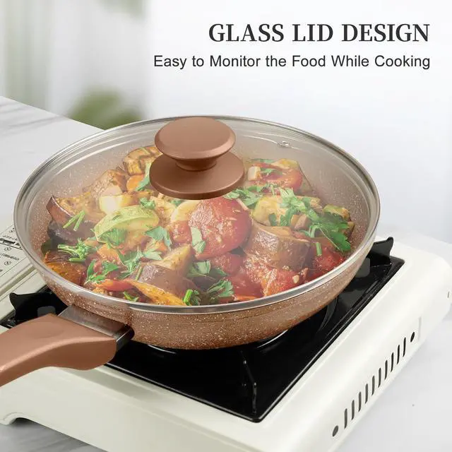 Alt view image 5 of 7 - Frying Pan Set with Lids - Nonstick Frying Pan Set 3 Pcs, Non Stick Granite Cookware Set, Induction Skillet Set Egg Omelette Frying Pan W/Lid, Healthy No Toxic Cookware, Pan Set for Cooking, PFOA Free