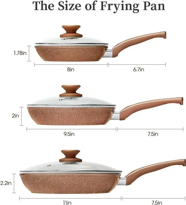 Alt view image 6 of 7 - Frying Pan Set with Lids - Nonstick Frying Pan Set 3 Pcs, Non Stick Granite Cookware Set, Induction Skillet Set Egg Omelette Frying Pan W/Lid, Healthy No Toxic Cookware, Pan Set for Cooking, PFOA Free