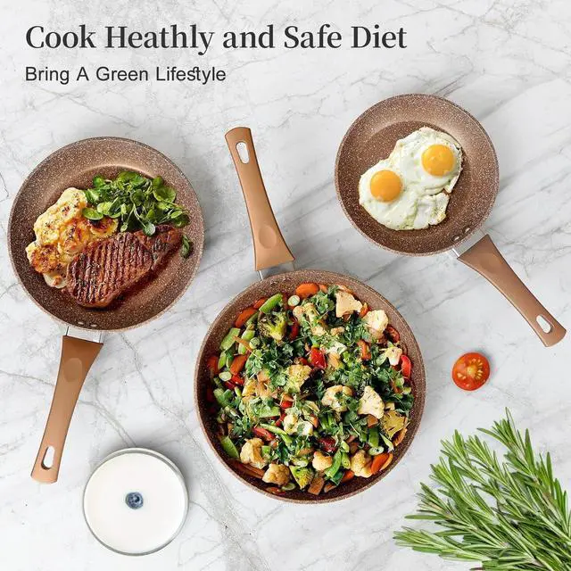 Alt view image 7 of 7 - Frying Pan Set with Lids - Nonstick Frying Pan Set 3 Pcs, Non Stick Granite Cookware Set, Induction Skillet Set Egg Omelette Frying Pan W/Lid, Healthy No Toxic Cookware, Pan Set for Cooking, PFOA Free