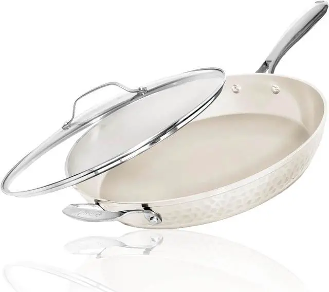 Main image of GOTHAM STEEL 14 Inch Non Stick Frying Pans with Lid, Large Frying Pans Nonstick with Lid, Non Toxic Ceramic Pan Skillet, Nonstick Frying Pan, Induction Pan, Oven/Dishwasher Safe  Cream Hammered