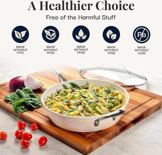 Alt view image 2 of 6 - GOTHAM STEEL 14 Inch Non Stick Frying Pans with Lid, Large Frying Pans Nonstick with Lid, Non Toxic Ceramic Pan Skillet, Nonstick Frying Pan, Induction Pan, Oven/Dishwasher Safe  Cream Hammered