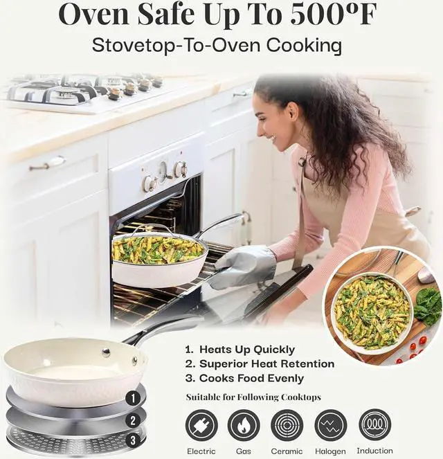 Alt view image 4 of 6 - GOTHAM STEEL 14 Inch Non Stick Frying Pans with Lid, Large Frying Pans Nonstick with Lid, Non Toxic Ceramic Pan Skillet, Nonstick Frying Pan, Induction Pan, Oven/Dishwasher Safe  Cream Hammered