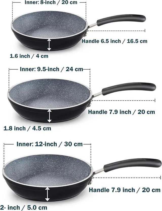 Alt view image 2 of 7 - Cook N Home 8"/10"/12" 3 Pieces Frying Saute Pan Set with Non-stick Coating and Induction Compatible bottom, Black
