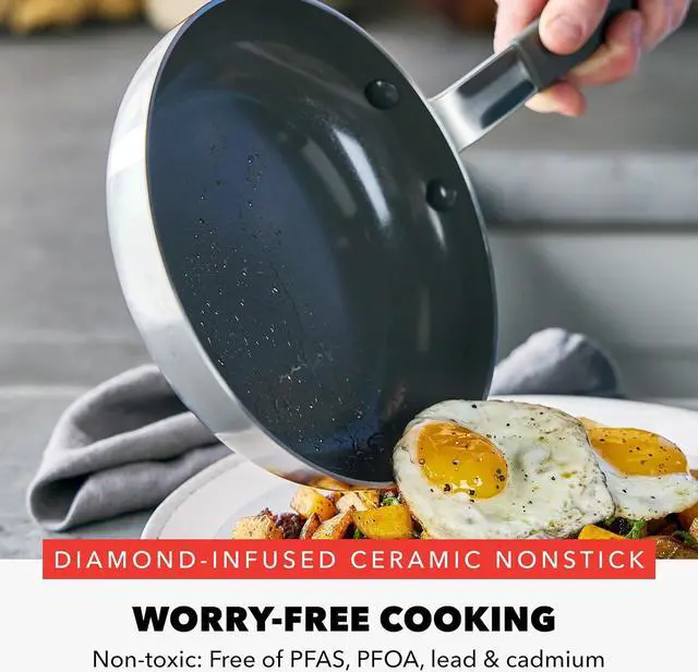 Alt view image 2 of 7 - GreenPan x Bobby Flay Stainless Steel 12 Frying Pan Skillet with Glass Lid, Professional Grade Tri Ply, PFAS-Free Ceramic Nonstick, Induction Suitable, Dishwasher & Oven Safe, Stay Cool Handle