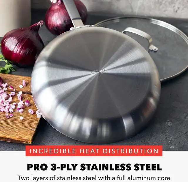 Alt view image 3 of 7 - GreenPan x Bobby Flay Stainless Steel 12 Frying Pan Skillet with Glass Lid, Professional Grade Tri Ply, PFAS-Free Ceramic Nonstick, Induction Suitable, Dishwasher & Oven Safe, Stay Cool Handle