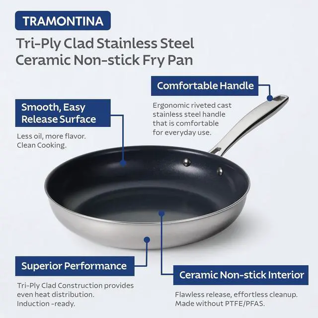 Alt view image 3 of 7 - Tramontina Seattle 12-Inch Tri-Ply Clad Stainless Steel Large Frying Pan with Ceramic Non Stick Interior, PTFE/PFOA-Free Nonstick Skillet, Oven-Safe, Dishwasher-Safe, Induction-Ready