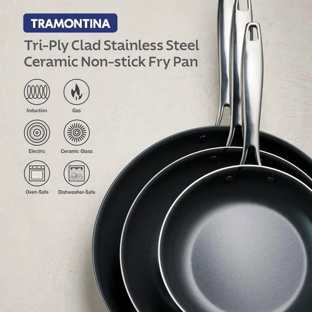 Alt view image 5 of 7 - Tramontina Seattle 12-Inch Tri-Ply Clad Stainless Steel Large Frying Pan with Ceramic Non Stick Interior, PTFE/PFOA-Free Nonstick Skillet, Oven-Safe, Dishwasher-Safe, Induction-Ready