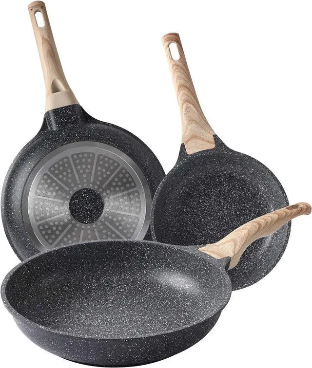 Main image of Nonstick Frying Pan Skillets 3-Piece Set 8/9.5/11 inch, Granite Coating Omelette Pan, 100% PFOA free Cookware Pan, Non Stick Stone Frying Pan Skillets Set