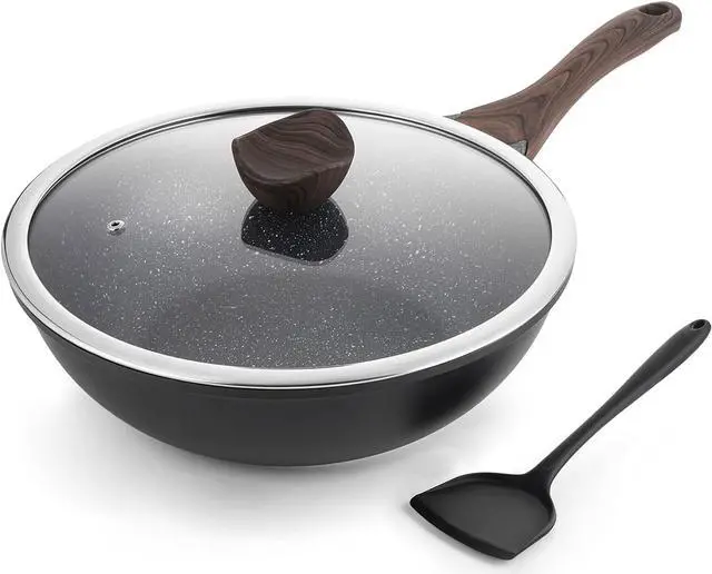 Main image of Nonstick Wok with Lid, 12 Inch Woks & Stir-fry Pans, Granite Stone Coating for Cooking, Induction Cookware, Compatible with All Stovetops, PFOA Free