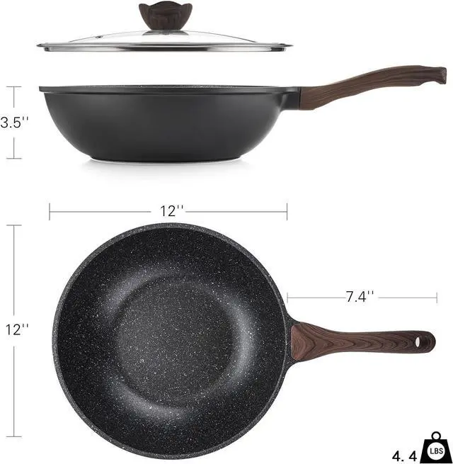 Alt view image 6 of 7 - Nonstick Wok with Lid, 12 Inch Woks & Stir-fry Pans, Granite Stone Coating for Cooking, Induction Cookware, Compatible with All Stovetops, PFOA Free