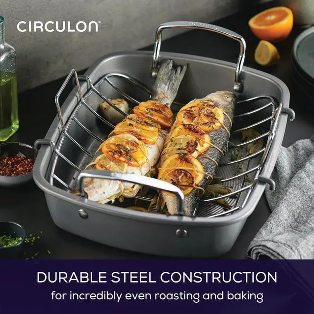 Alt view image 6 of 7 - Circulon Nonstick Roasting Pan / Roaster with Rack - 17 Inch x 13 Inch, Gray