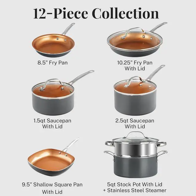 Alt view image 2 of 6 - Gotham Steel 12 Pc Ceramic Pots and Pans Set Non Stick, Kitchen Cookware Sets, Pot and Pan Set, Ceramic Cookware Set, Non Toxic Cookware Set, Non Stick Pots and Pan Set, Oven Dishwasher Safe - Copper