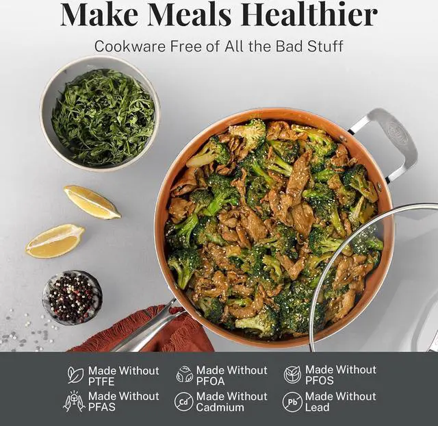 Alt view image 5 of 6 - Gotham Steel 12 Pc Ceramic Pots and Pans Set Non Stick, Kitchen Cookware Sets, Pot and Pan Set, Ceramic Cookware Set, Non Toxic Cookware Set, Non Stick Pots and Pan Set, Oven Dishwasher Safe - Copper