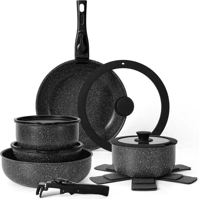 Main image of 15Pcs Pots and Pans Set Non Stick, Cookware Sets with Detachable Handle, Nonstick RV Kitchen Cooking Tools Removable Handles, Oven Safe, Induction Fast, Stackable Induction Cookware,Black