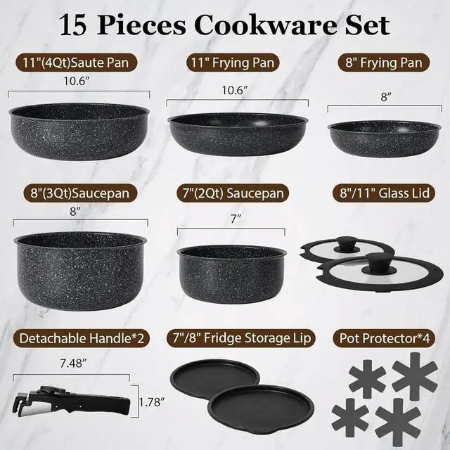 Alt view image 2 of 7 - 15Pcs Pots and Pans Set Non Stick, Cookware Sets with Detachable Handle, Nonstick RV Kitchen Cooking Tools Removable Handles, Oven Safe, Induction Fast, Stackable Induction Cookware,Black