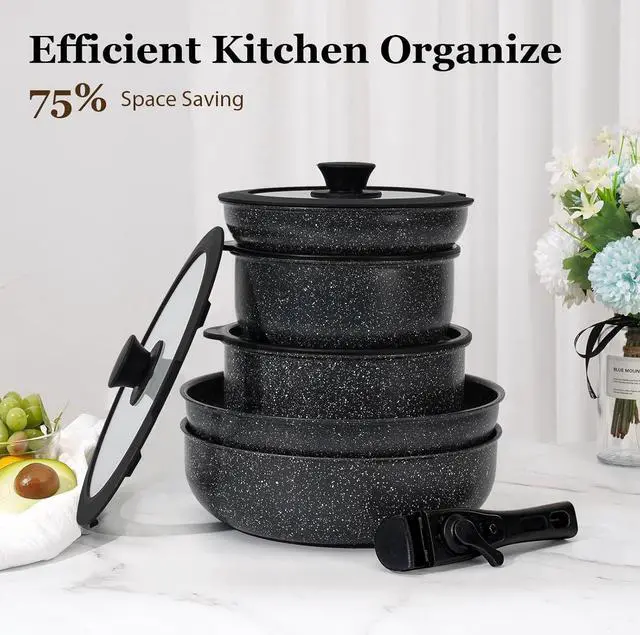 Alt view image 3 of 7 - 15Pcs Pots and Pans Set Non Stick, Cookware Sets with Detachable Handle, Nonstick RV Kitchen Cooking Tools Removable Handles, Oven Safe, Induction Fast, Stackable Induction Cookware,Black