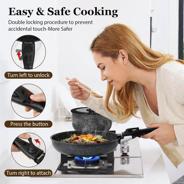 Alt view image 7 of 7 - 15Pcs Pots and Pans Set Non Stick, Cookware Sets with Detachable Handle, Nonstick RV Kitchen Cooking Tools Removable Handles, Oven Safe, Induction Fast, Stackable Induction Cookware,Black