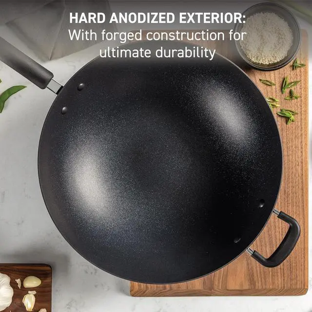 Alt view image 2 of 6 - T-fal Ultimate Hard Anodized Nonstick Wok 14 Inch, Oven Broiler Safe 350F, Non Stick Stir-Fry Pan, Cookware, Pots and Pans, Kitchen, Versatile Deep Frying, Sauté, Braise, Stew, Dishwasher Safe, Black