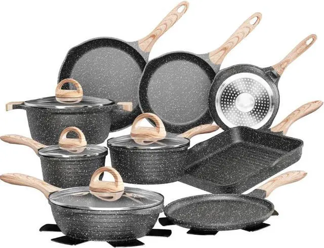 Main image of JEETEE Pots and Pans Set Nonstick 23pcs, Healthy Kitchen Cookware Sets, Induction Cooking Set W/Gray Granite Stone Frying Pans, Saucepans, Sauté Pan, Griddle Pan & Crepe Pan (PFOA Free)