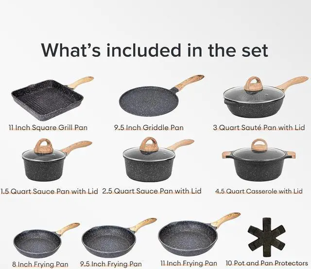 Alt view image 2 of 7 - JEETEE Pots and Pans Set Nonstick 23pcs, Healthy Kitchen Cookware Sets, Induction Cooking Set W/Gray Granite Stone Frying Pans, Saucepans, Sauté Pan, Griddle Pan & Crepe Pan (PFOA Free)